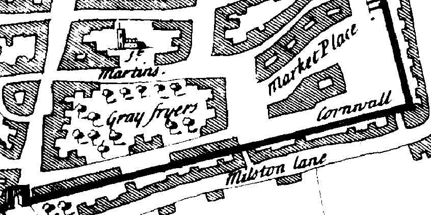 an extract from Stukeley’s 1724 map of Leicester, the first map to show the correct location of the ‘Gray Fryers’.