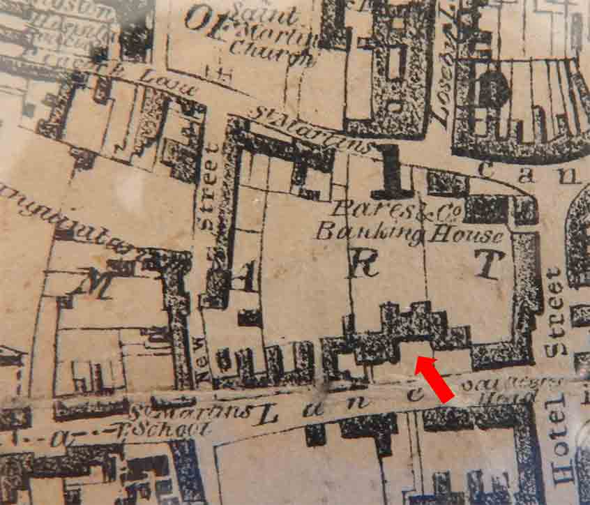 Extract from Burton’s town plan of 1844 showing the Grey Friars area and the Herrick mansion (arrowed).