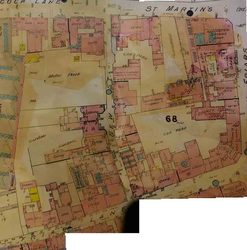 Extract from the 1938 Goad fire insurance plan of the Grey Friars area.