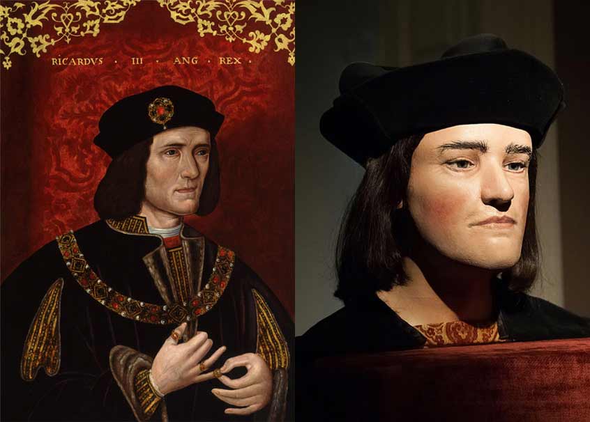 A painting of Richard III side by side with the facial reconstruction