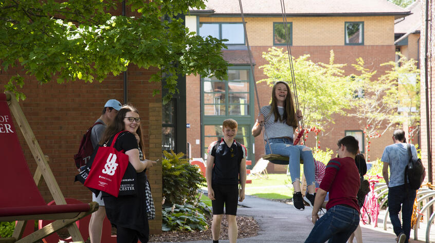 A group of friends having fun, with one being pushed on an oversized swing