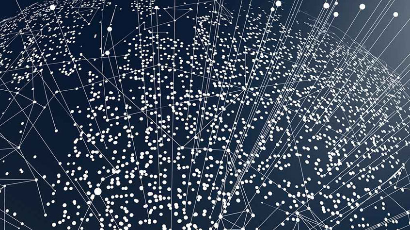 A digital globe graphic featuring connected nodes and lines on a dark blue background.