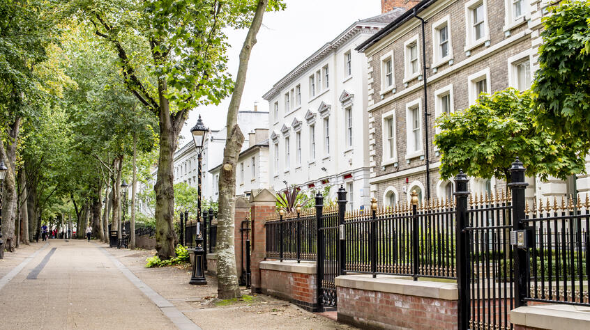 New Walk in Leicester with long trees and a walkway.
