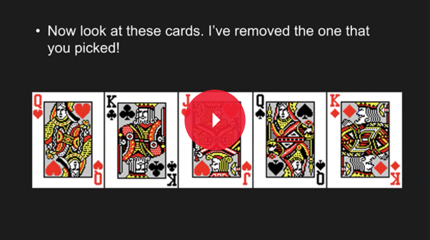 A screen grab from a video which shows five playing cards and a line of the video's captions