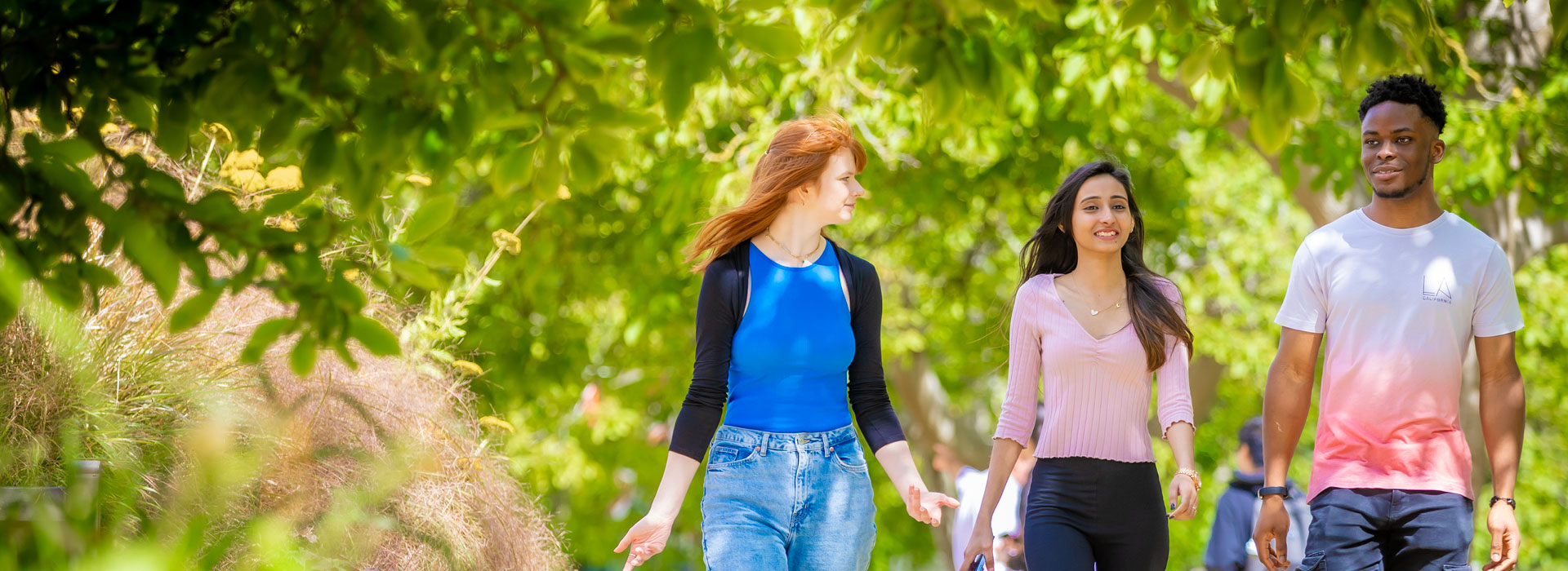Three students walking though Victoria Park on a sunny day.