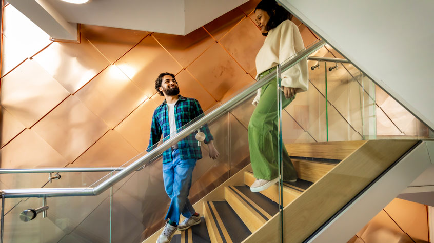 Students walking down a staircase whilst talking to each other.