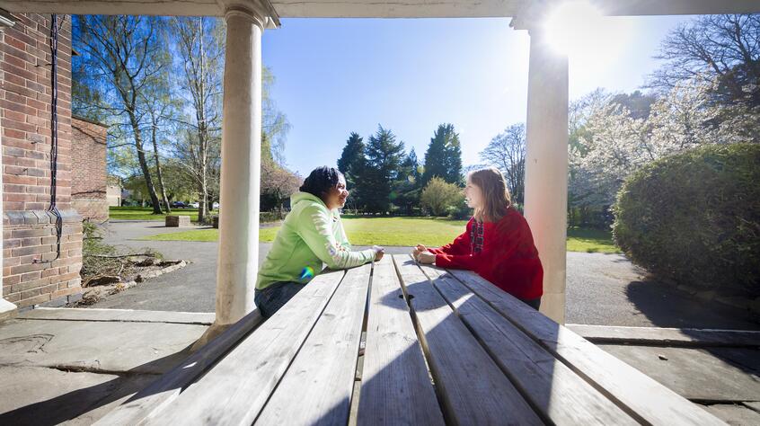 Two people sit across from each other at a wooden picnic table, under a canopy, on a sunny day. Green lawns and trees surround them.