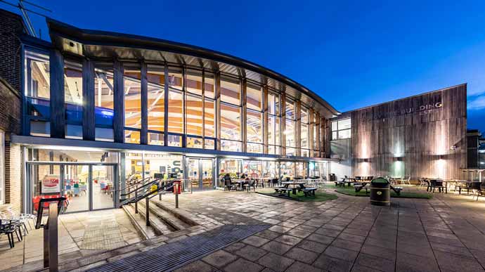 Student Union building on Leicester campus at night