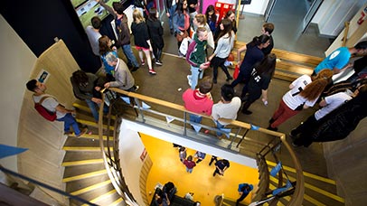 students in the percy gee building