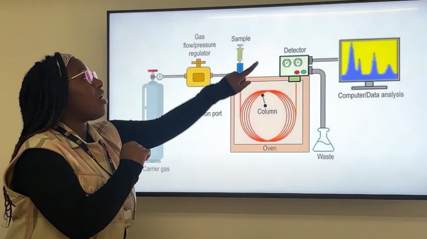 A woman wearing glasses in a classroom, pointing at a projected screen displaying educational resources