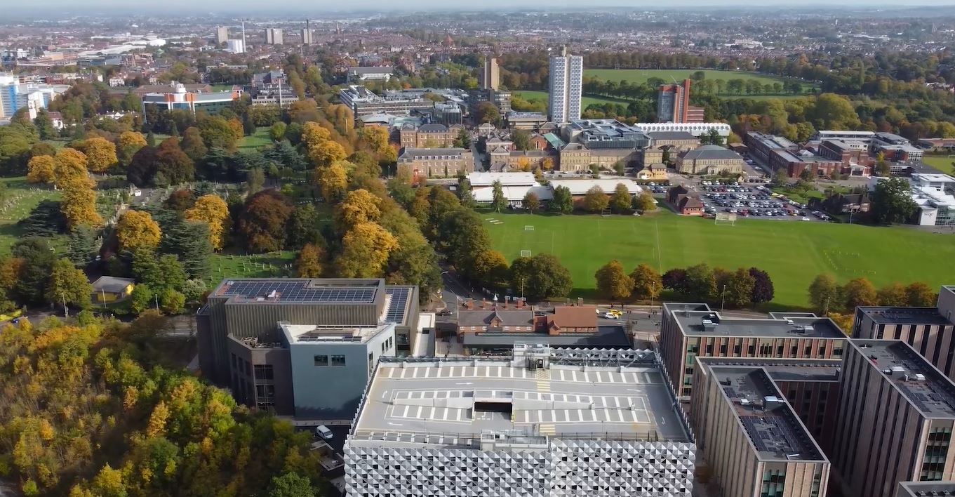 University buildings and fields on a bright sunny day