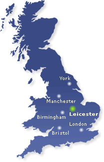Blue map of the UK with Leicester highlighted in green